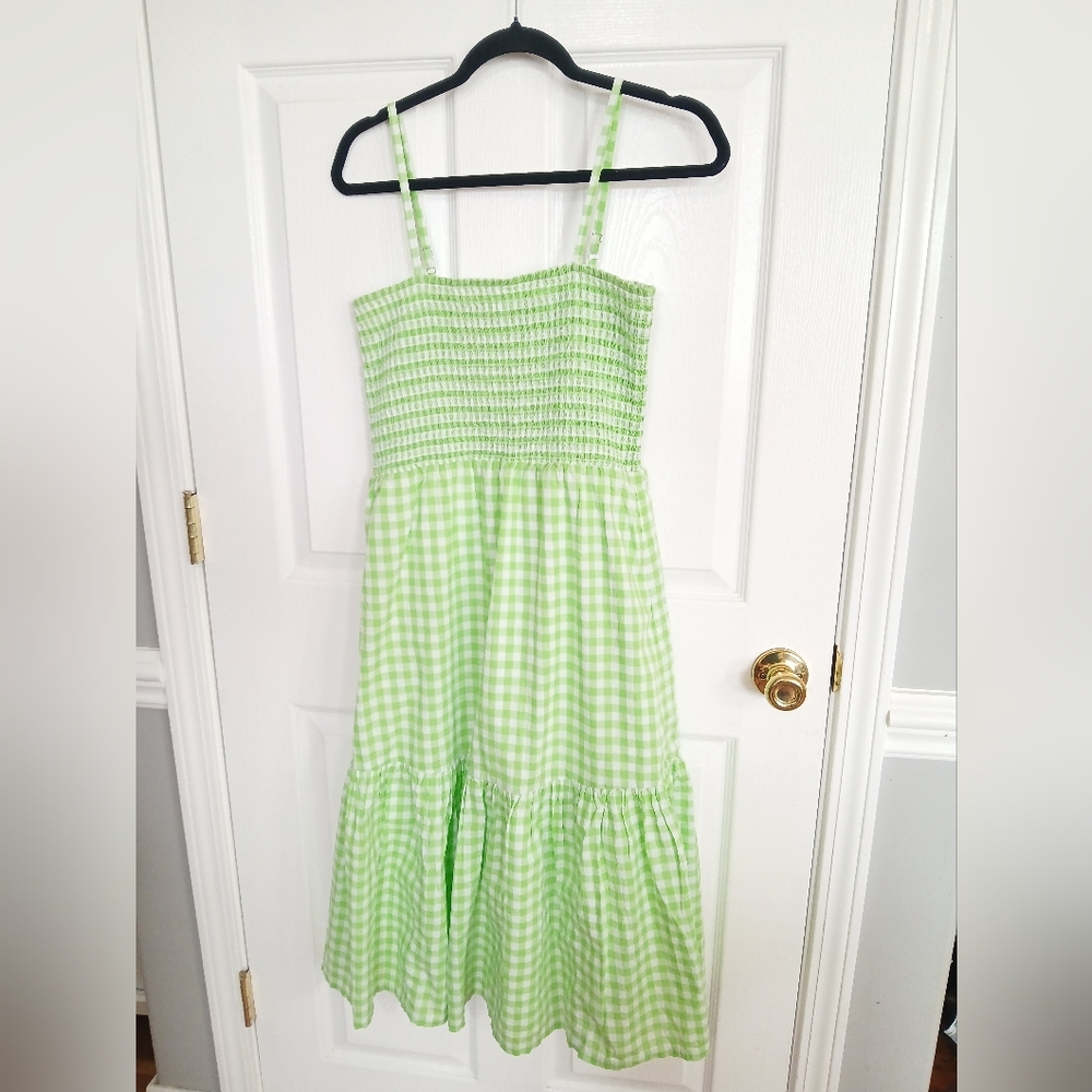 J Crew Lime Green Gingham Sundress with Smocked Bodice Tiered Skirt Midi Resort - Picture 2 of 9